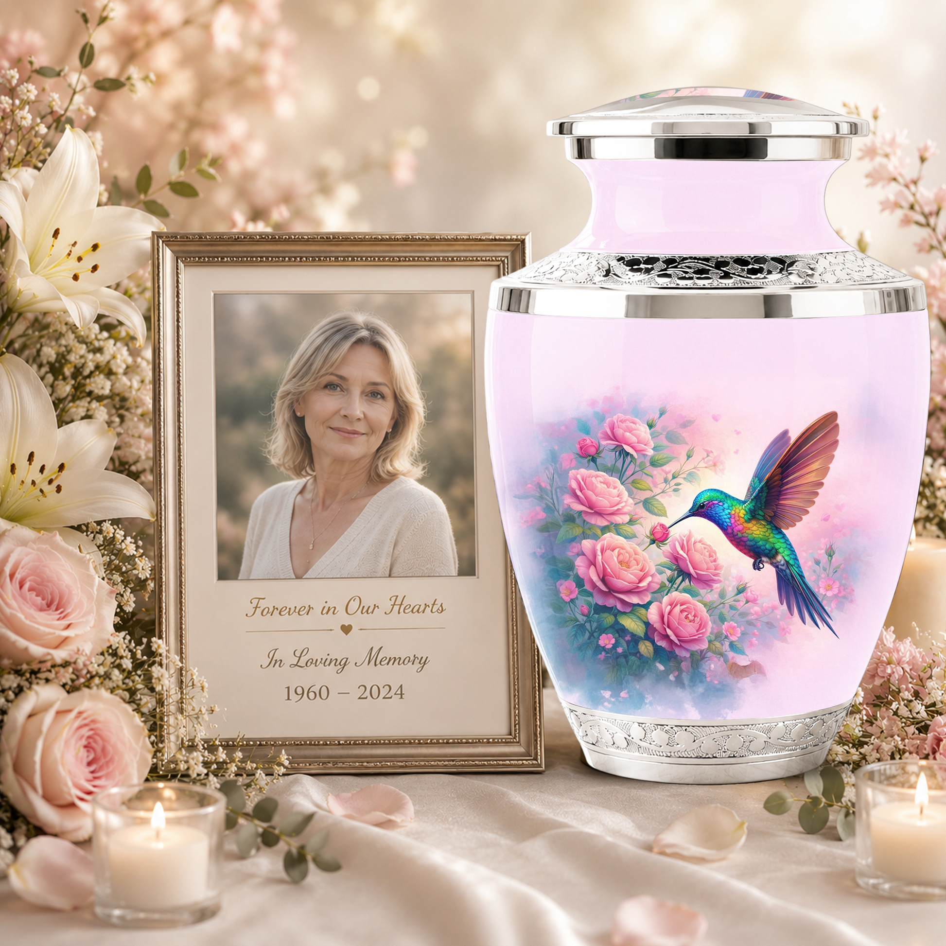 Floral Hummingbird Cremation Urn for Mom, Pink Rose Memorial Keepsake Urn
