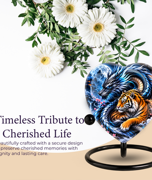 Heart Shaped Dragon and Tiger Urn for Ashes, Fantasy Animal Cremation Urn, Blue Dragon Tiger Memorial Urn for Human Ashes