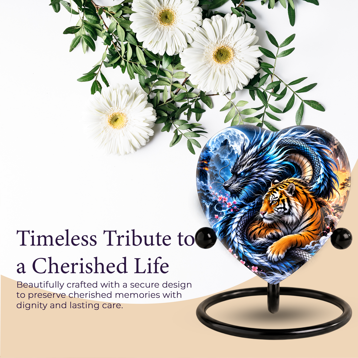 Heart Shaped Dragon and Tiger Urn for Ashes, Fantasy Animal Cremation Urn, Blue Dragon Tiger Memorial Urn for Human Ashes