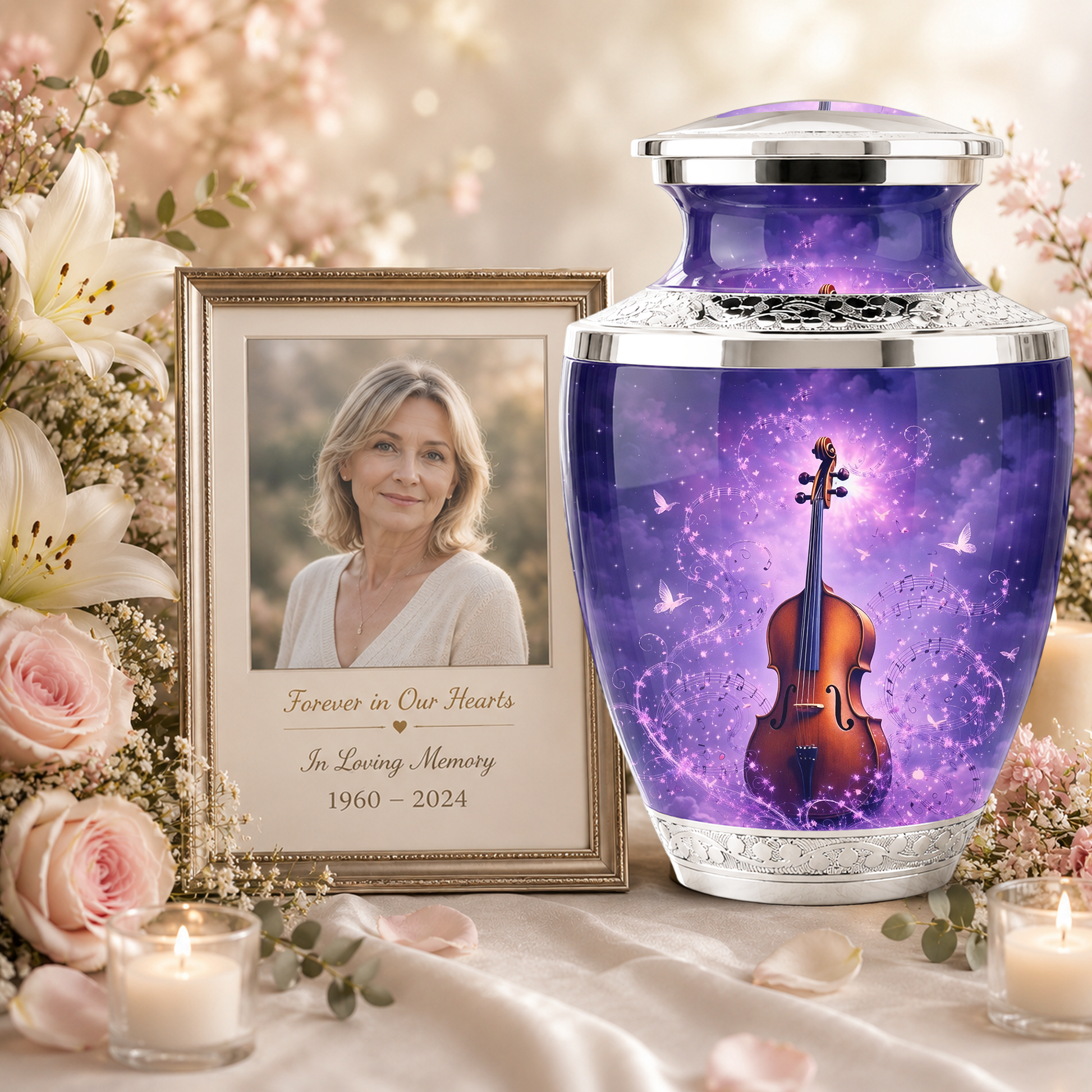 Purple Violin Cremation Urn for Mom and Dad, Musical Memorial Urn for Male and Female