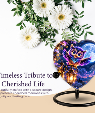 Heart-Shaped Owl Cremation Urn for Ashes – Personalized Night Sky Memorial Urn