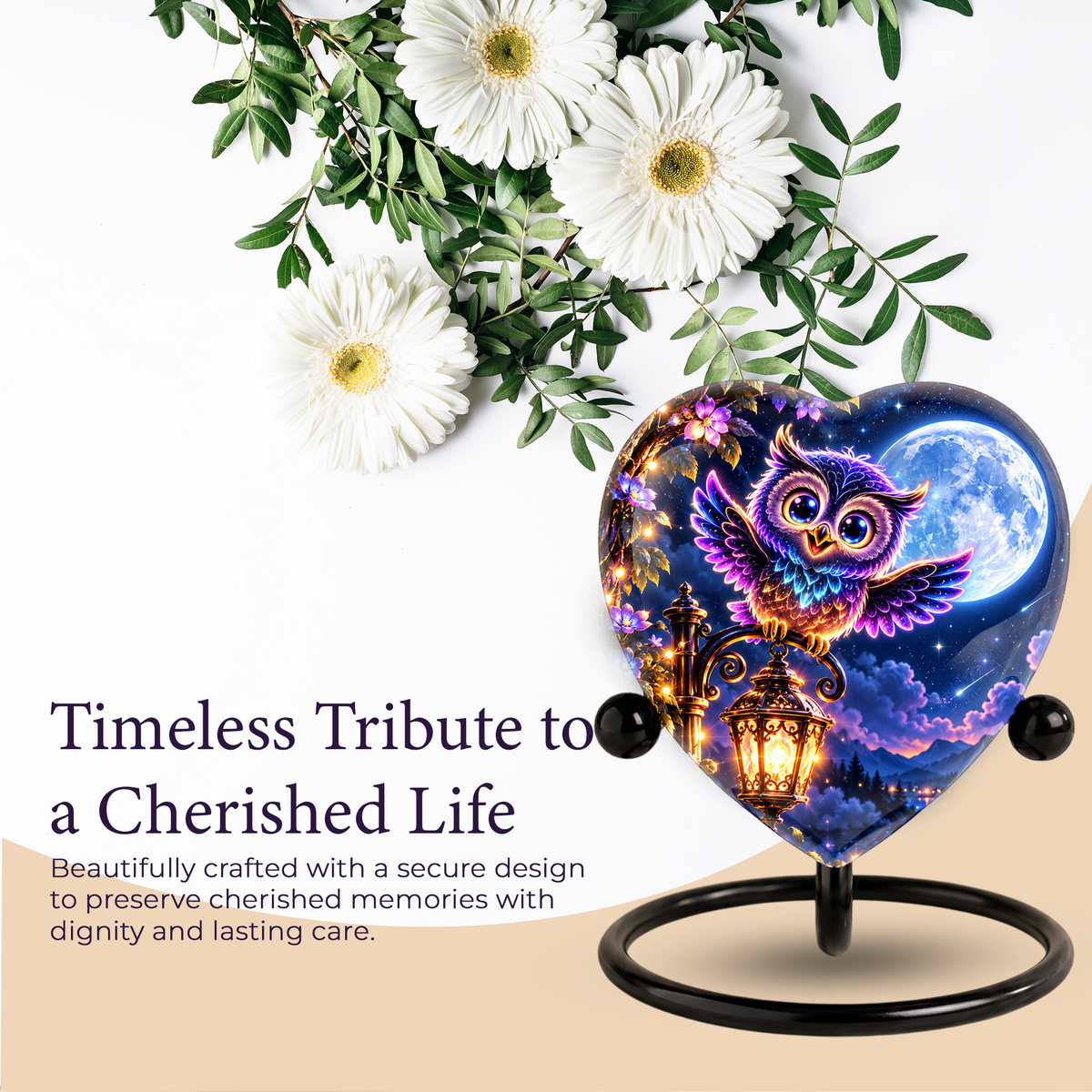 Heart-Shaped Owl Cremation Urn for Ashes – Personalized Night Sky Memorial Urn