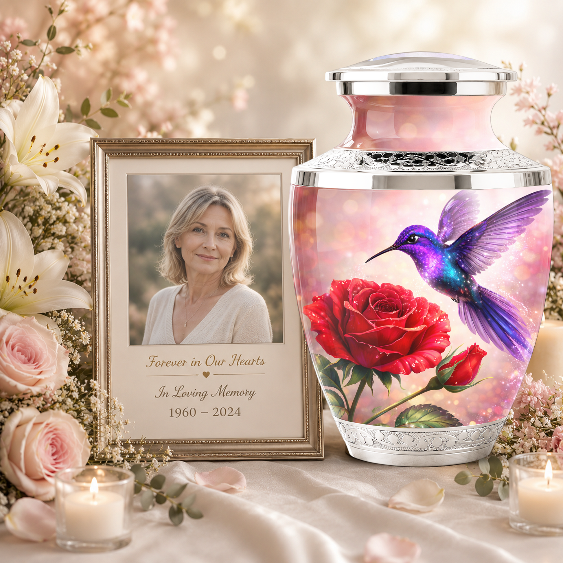 Rose Hummingbird Cremation Urn for Human Ashes, Personalized Memorial Urn for Adults