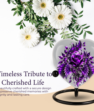 Purple Rose Heart Cremation Urn for Ashes, Floral Memorial Urn, Purple Rose Urn, Personalized Heart Urn, Gothic Flower Cremation Urn