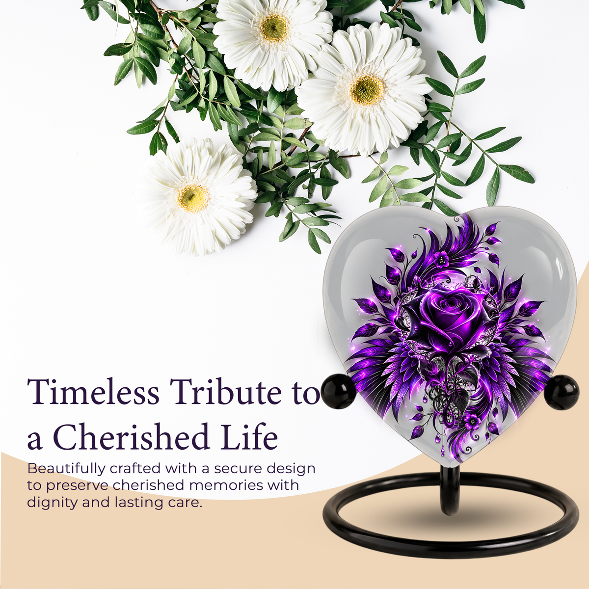 Purple Rose Heart Cremation Urn for Ashes, Floral Memorial Urn, Purple Rose Urn, Personalized Heart Urn, Gothic Flower Cremation Urn