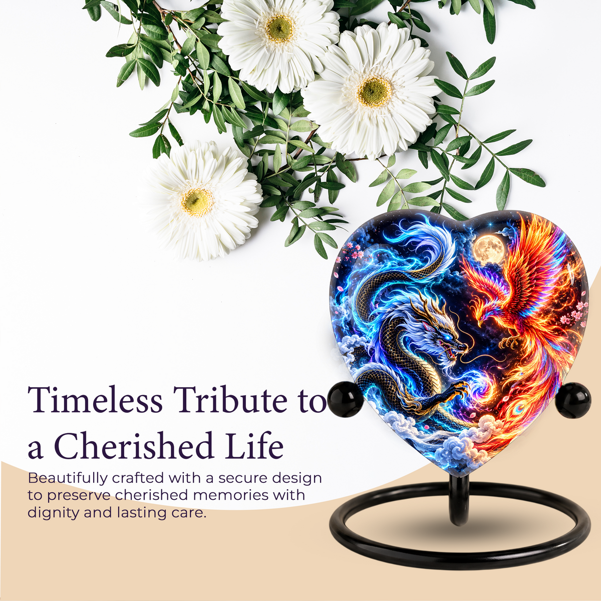 Heart Shaped Dragon and Phoenix Urn for Ashes, Blue Dragon Firebird Cremation Urn, Fantasy Memorial Urn for Human Ashes