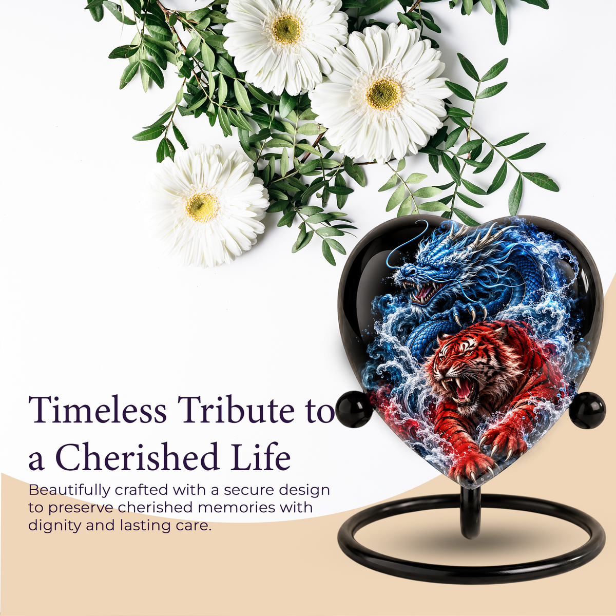Dragon Tiger Heart Cremation Urn for Ashes, Personalized Adult Memorial Urn Heart Shaped Adult Cremation Urn