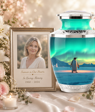 Northern Lights Penguin Cremation Urn for Human Ashes, Personalized Memorial Urn