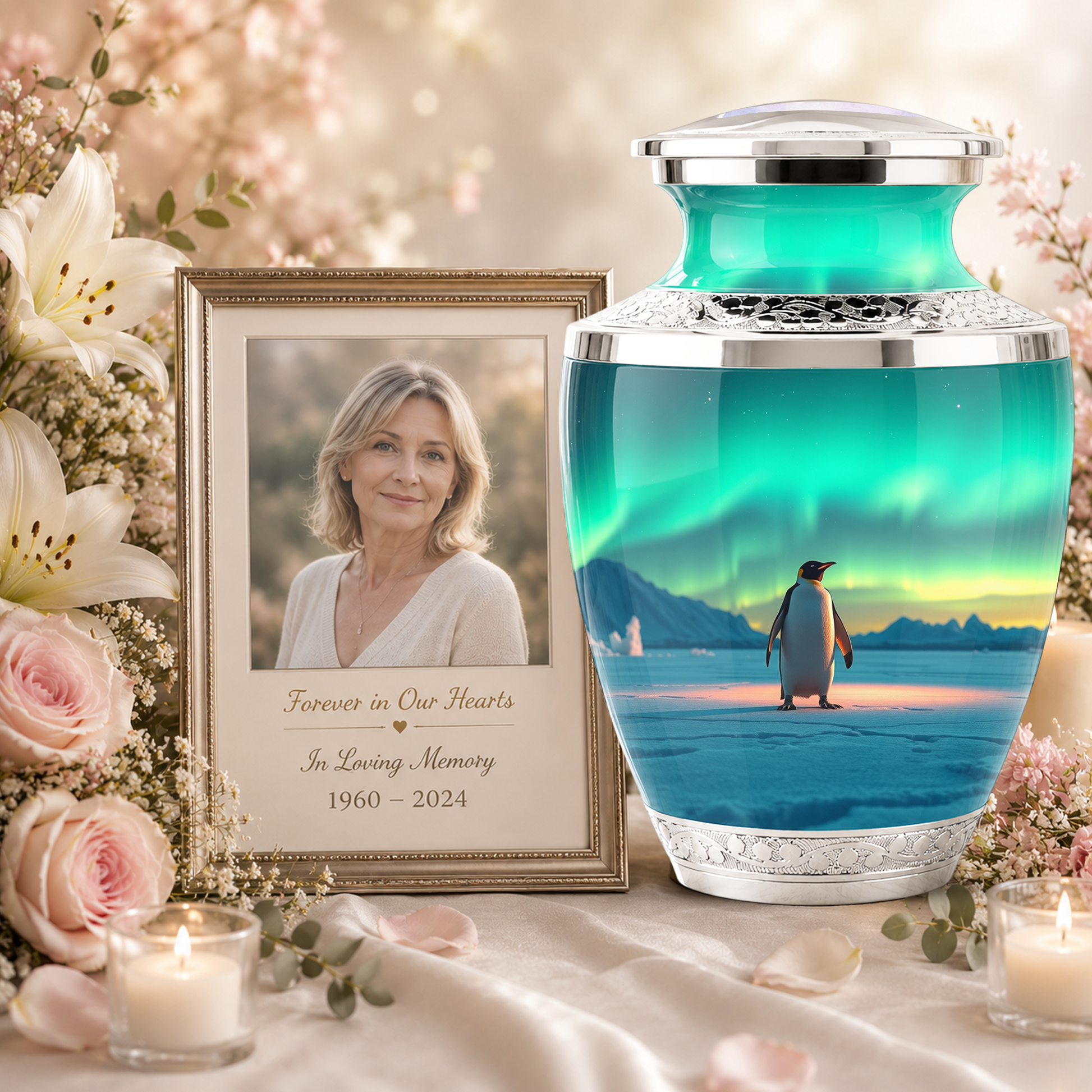 Northern Lights Penguin Cremation Urn for Human Ashes, Personalized Memorial Urn