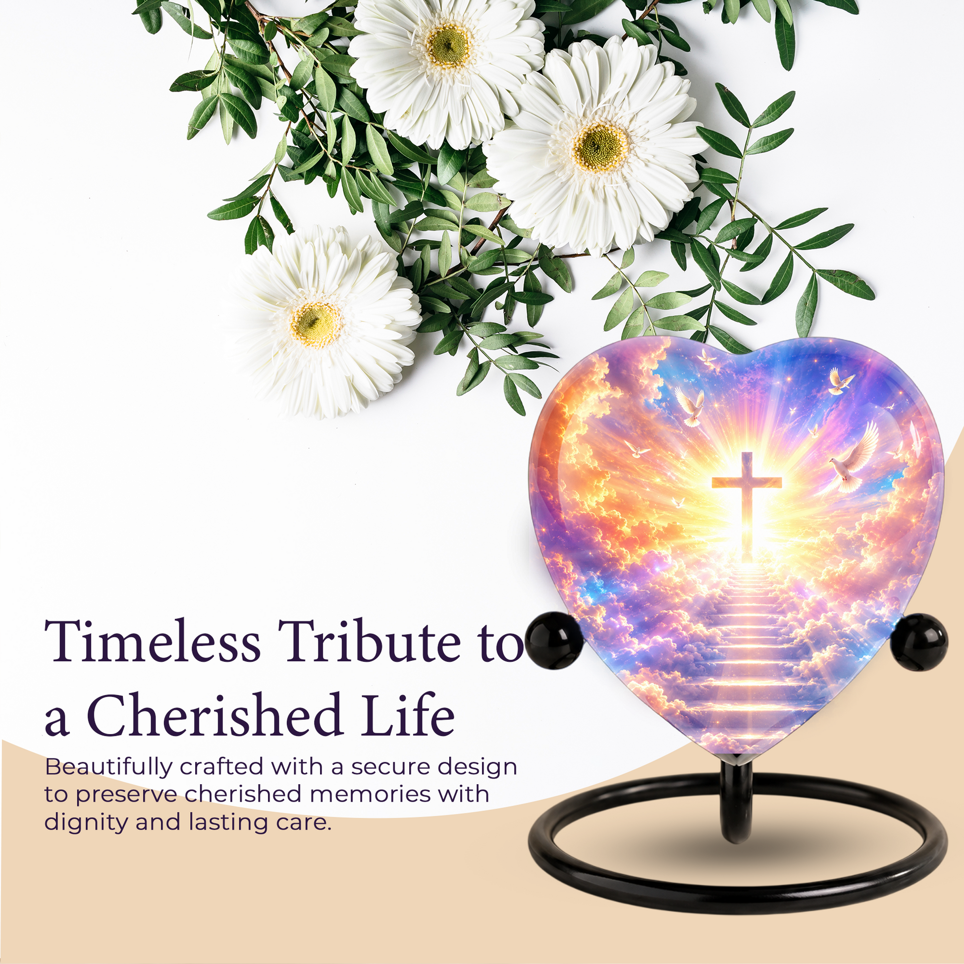 Christian Cross Cremation Urn, Heavenly Memorial Urn, Heart-Shaped Adult Cremation Urn