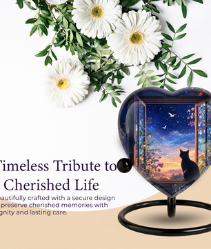 Black Cat Sunset Memorial Adult Urn – Heart-Shaped Adult Urn for Ashes Adult Cremation Urns, Urn for Ashes Adult