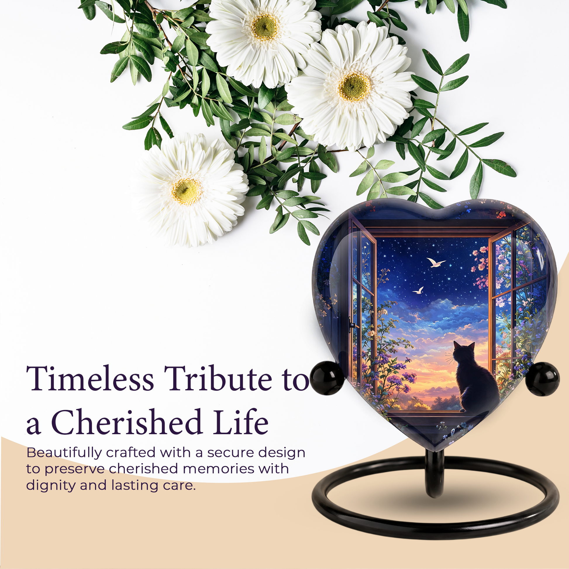 Black Cat Sunset Memorial Adult Urn – Heart-Shaped Adult Urn for Ashes Adult Cremation Urns, Urn for Ashes Adult