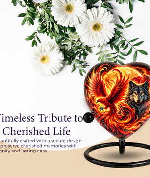 Heart Shaped Wolf and Phoenix Urn for Ashes, Personalized Fantasy Cremation Urn