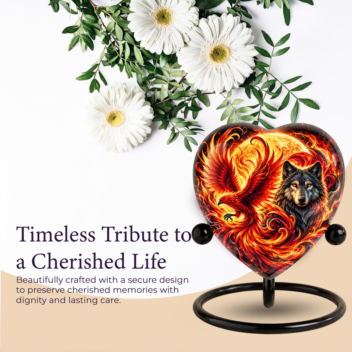 Heart Shaped Wolf and Phoenix Urn for Ashes, Personalized Fantasy Cremation Urn