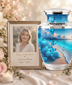 Blue Butterfly Beach Urn for Mom, Ocean Cremation Urn for Women, Butterfly Memorial Keepsake