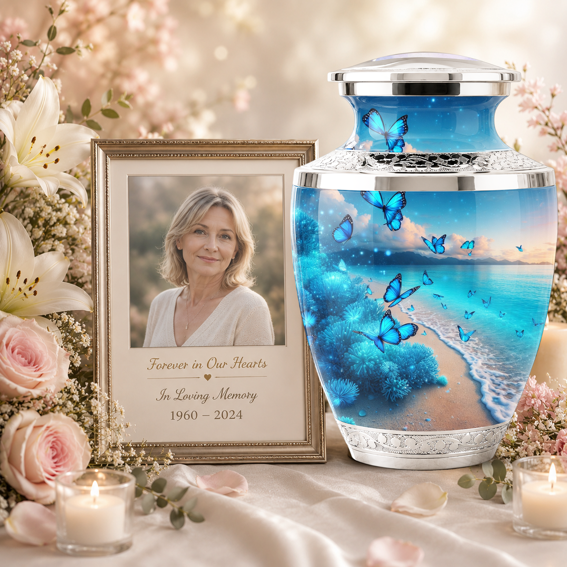 Blue Butterfly Beach Urn for Mom, Ocean Cremation Urn for Women, Butterfly Memorial Keepsake