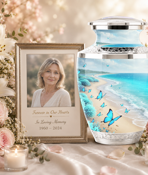 Blue Butterfly Beach Cremation Urn for Ashes - Custom Memorial Urn for Female