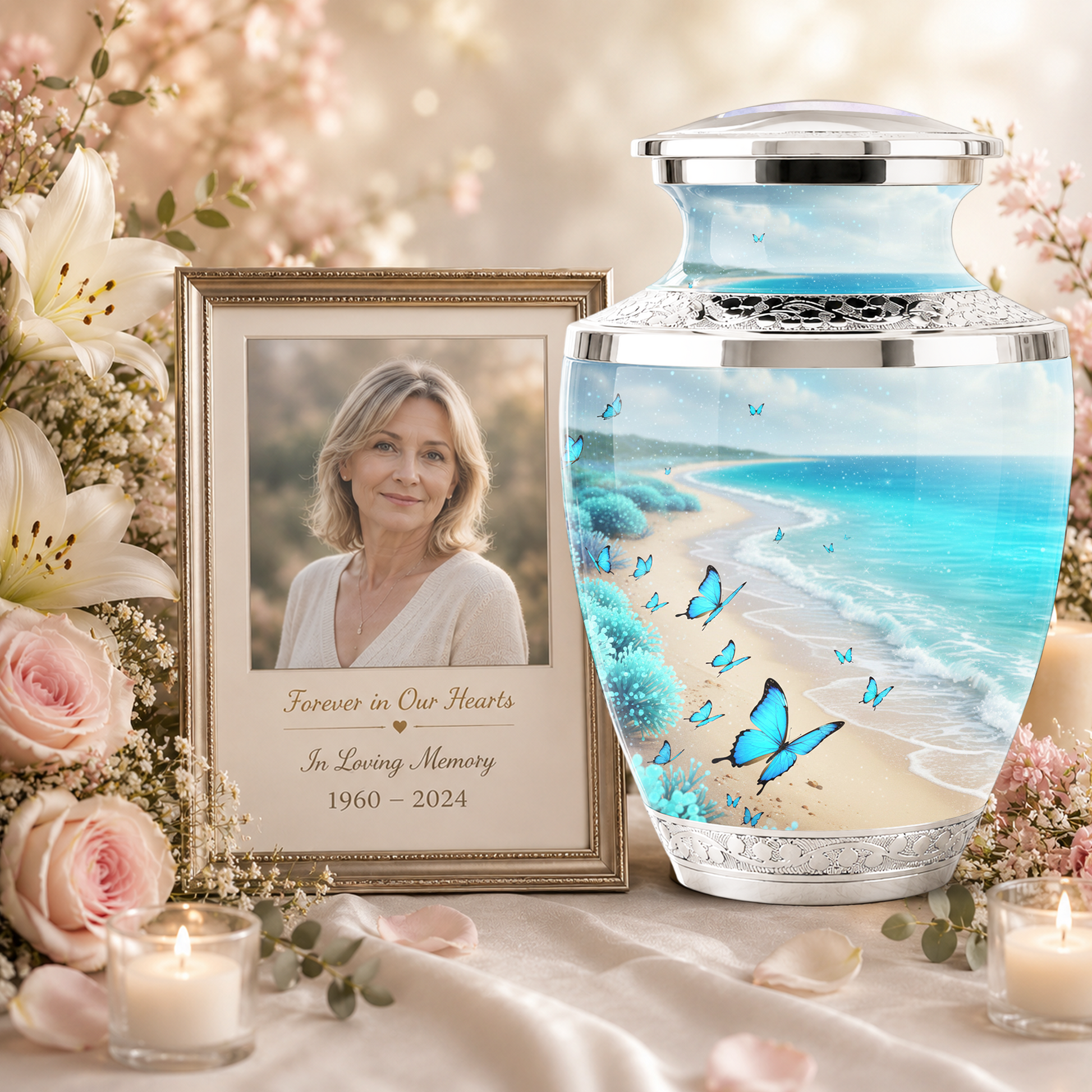 Blue Butterfly Beach Cremation Urn for Ashes - Custom Memorial Urn for Female