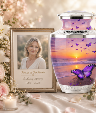 Purple Butterfly Beach Cremation Urn for Mom, Purple Beach Butterfly Memorial Urn for Women