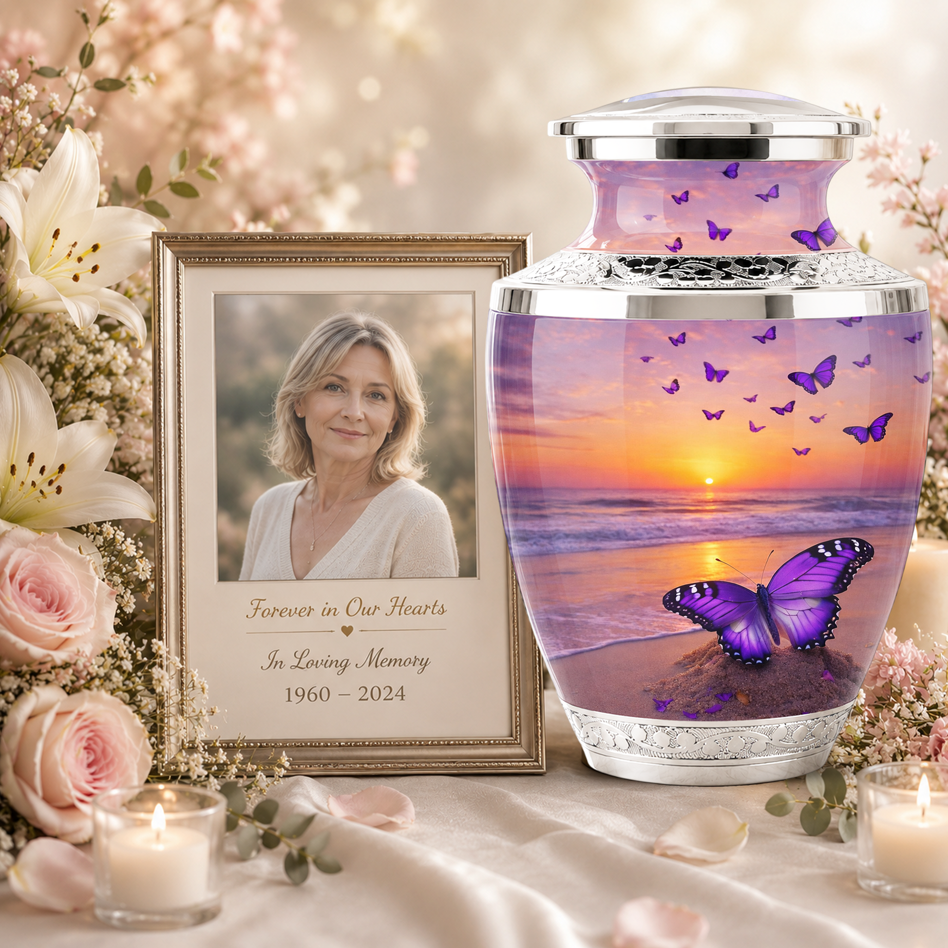 Purple Butterfly Beach Cremation Urn for Mom, Purple Beach Butterfly Memorial Urn for Women
