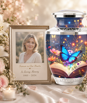Butterfly Book Cremation Urn for Female - Blue Butterfly Floral Book Urn for Human Ashes