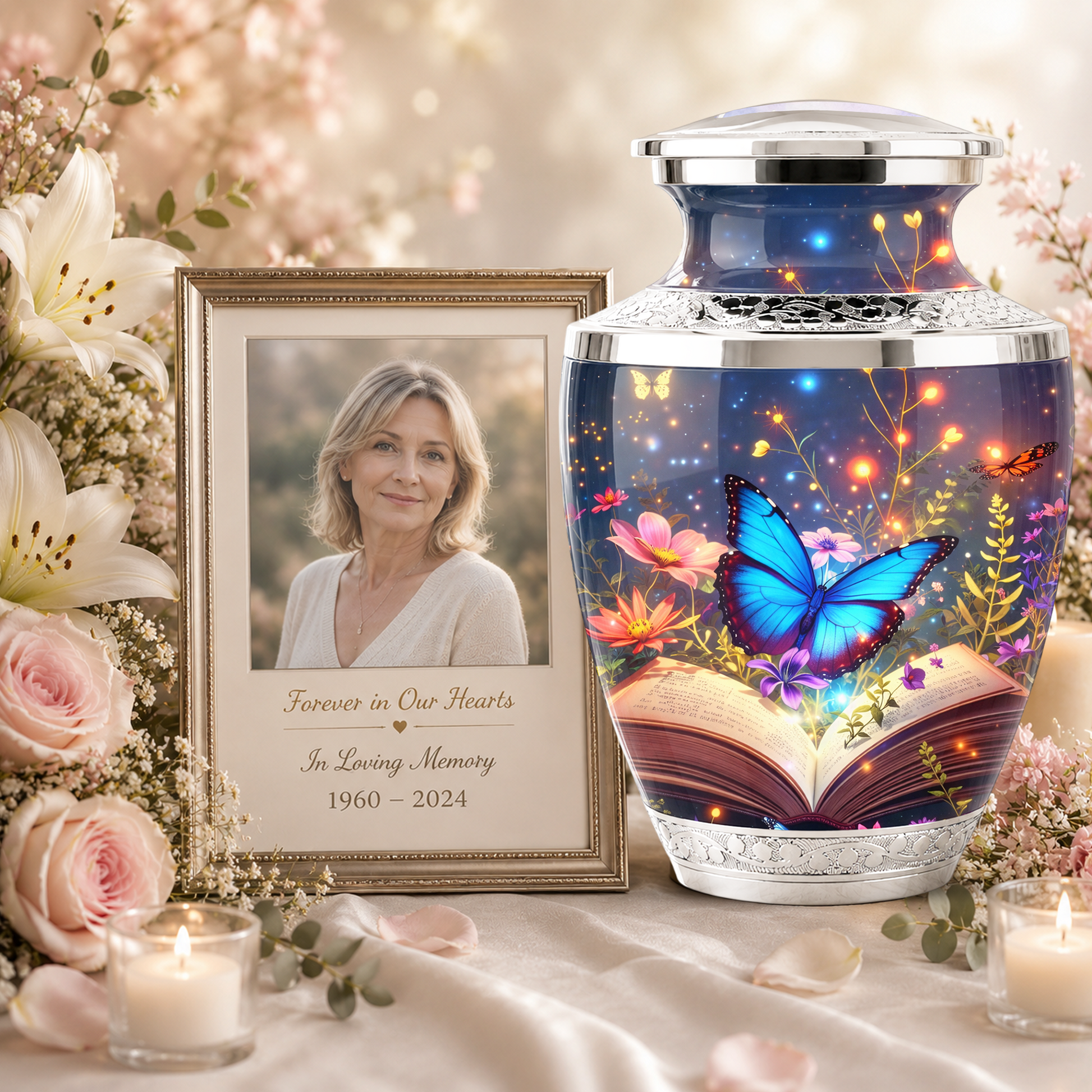 Butterfly Book Cremation Urn for Female - Blue Butterfly Floral Book Urn for Human Ashes
