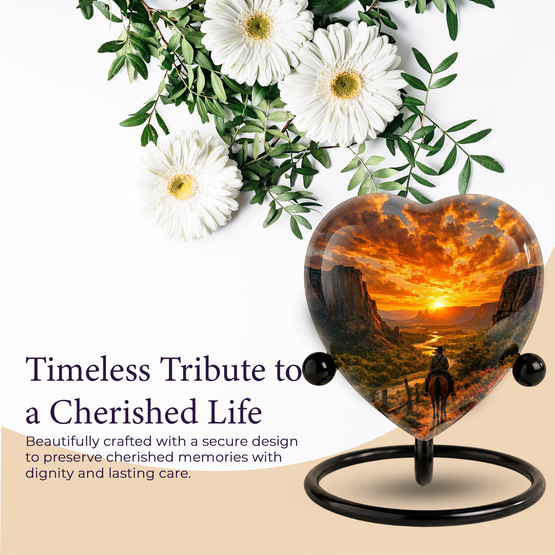 Cowboy Sunset Urn for Dad – Western Heart Shaped Memorial Urn for Father, Son & Men