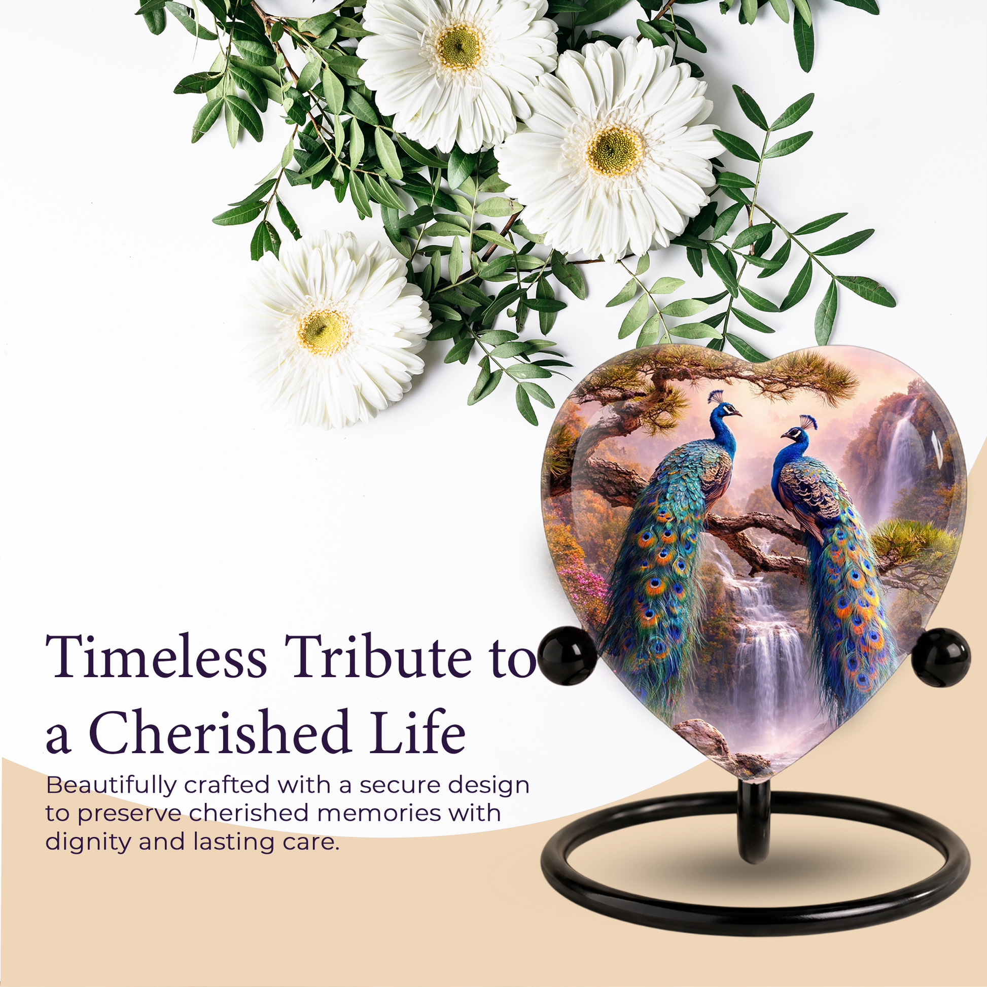 Heart-Shaped Memorial Urn, Peacock Urns for Adult Ashes, Peacock Adult Cremation Urn