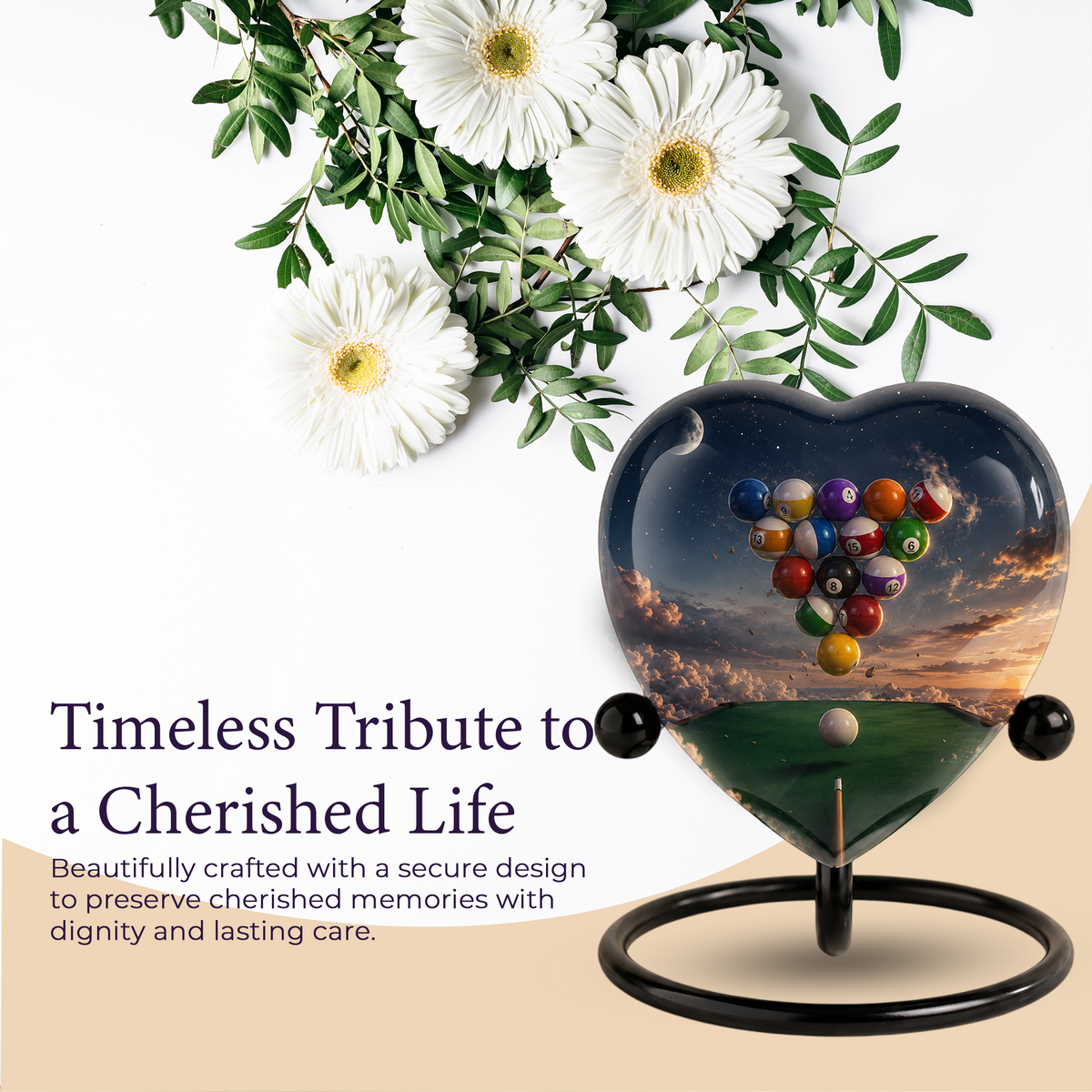 Billiards Pool Table Adult Urn – Pool Balls Sunset Heart Design Adult Cremation Urn for Ashes