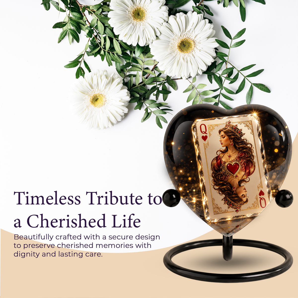 Queen of Hearts Urn – Queen of Hearts Cremation Urn, Playing Card Memorial Urn, Heart-Shaped Adult Urn for Ashes