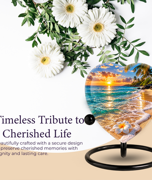Beach Sunset Cremation Urn for Ashes, Tropical Ocean Memorial Urn, Heart Shaped Beach Urn, Personalized Coastal Urn,