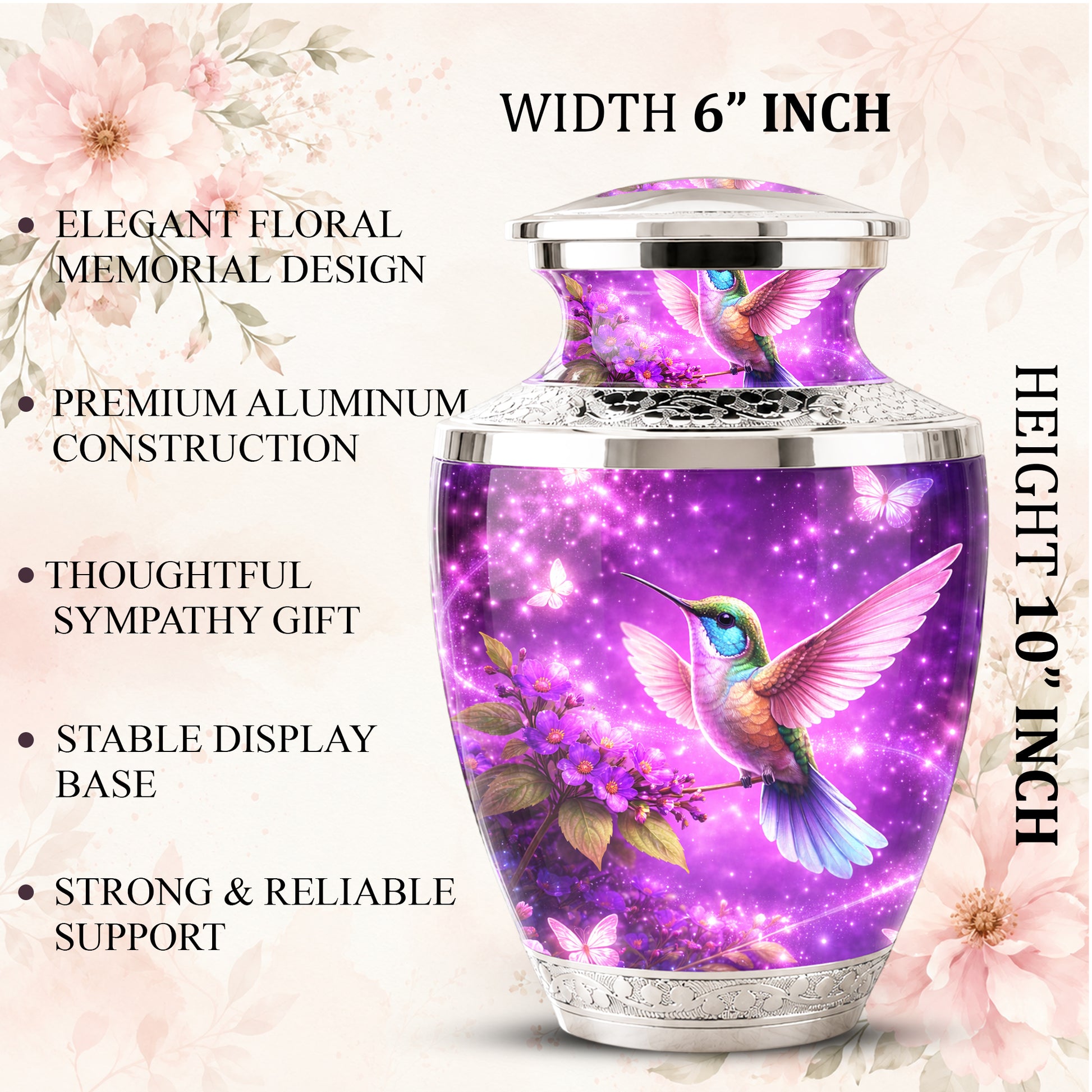 Purple Hummingbird Cremation Urn for Mom, Urn for Human Ashes, Memorial Urn for Mother