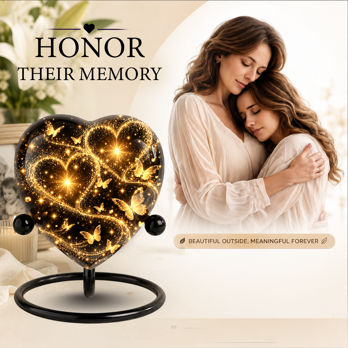 Butterfly Adult Urn for Ashes, Gold Heart Memorial Urn, Elegant Adult Cremation Urn