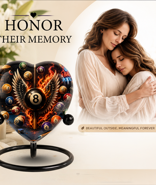 Billiards Cremation Urn, Pool Player Memorial Urn, Heart-Shaped Adult Cremation Urn with Flaming Wings