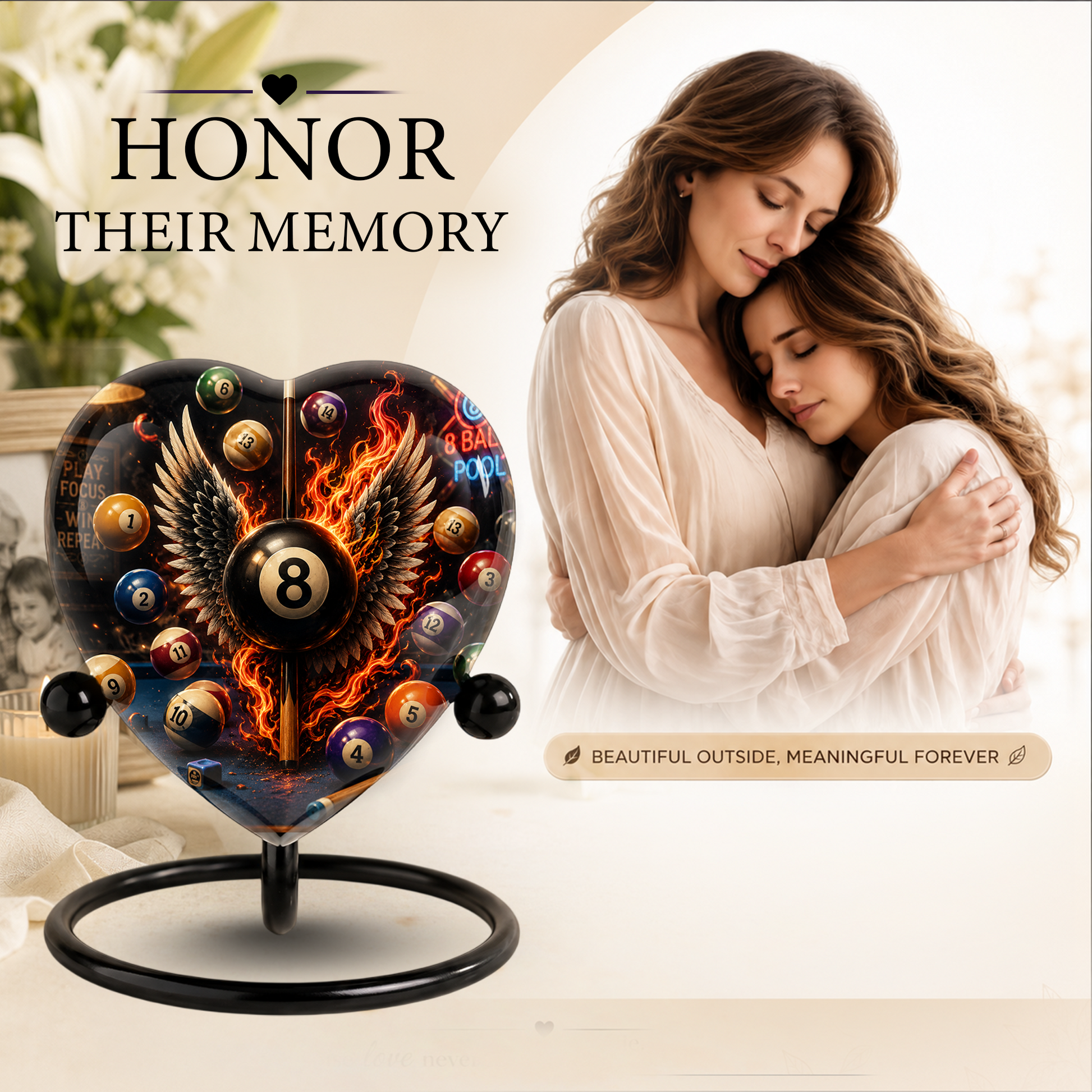 Billiards Cremation Urn, Pool Player Memorial Urn, Heart-Shaped Adult Cremation Urn with Flaming Wings