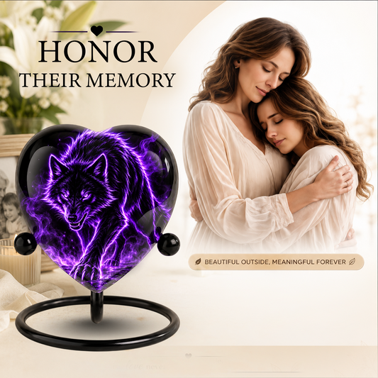 Purple Wolf Adult Cremation Urn for Ashes, Black Wolf Memorial Urn, Personalized Heart Shaped Adult Urn, Wolf Cremation Urn