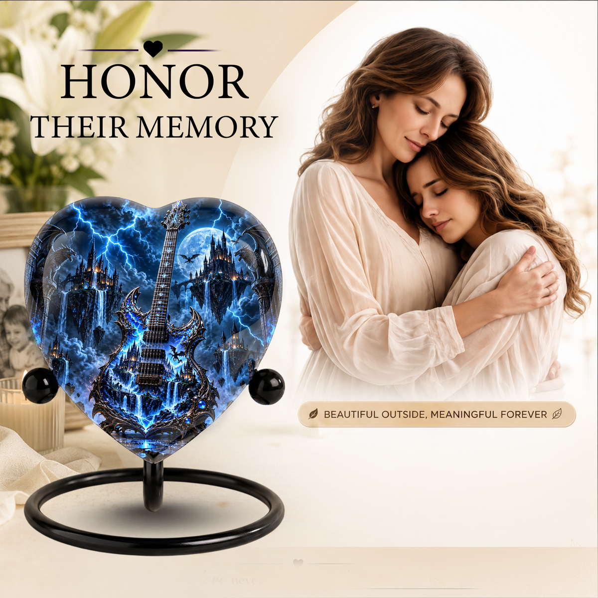 Fantasy Guitar Cremation Urn for Ashes, Musician Memorial Urn, Personalized Guitar Urn,