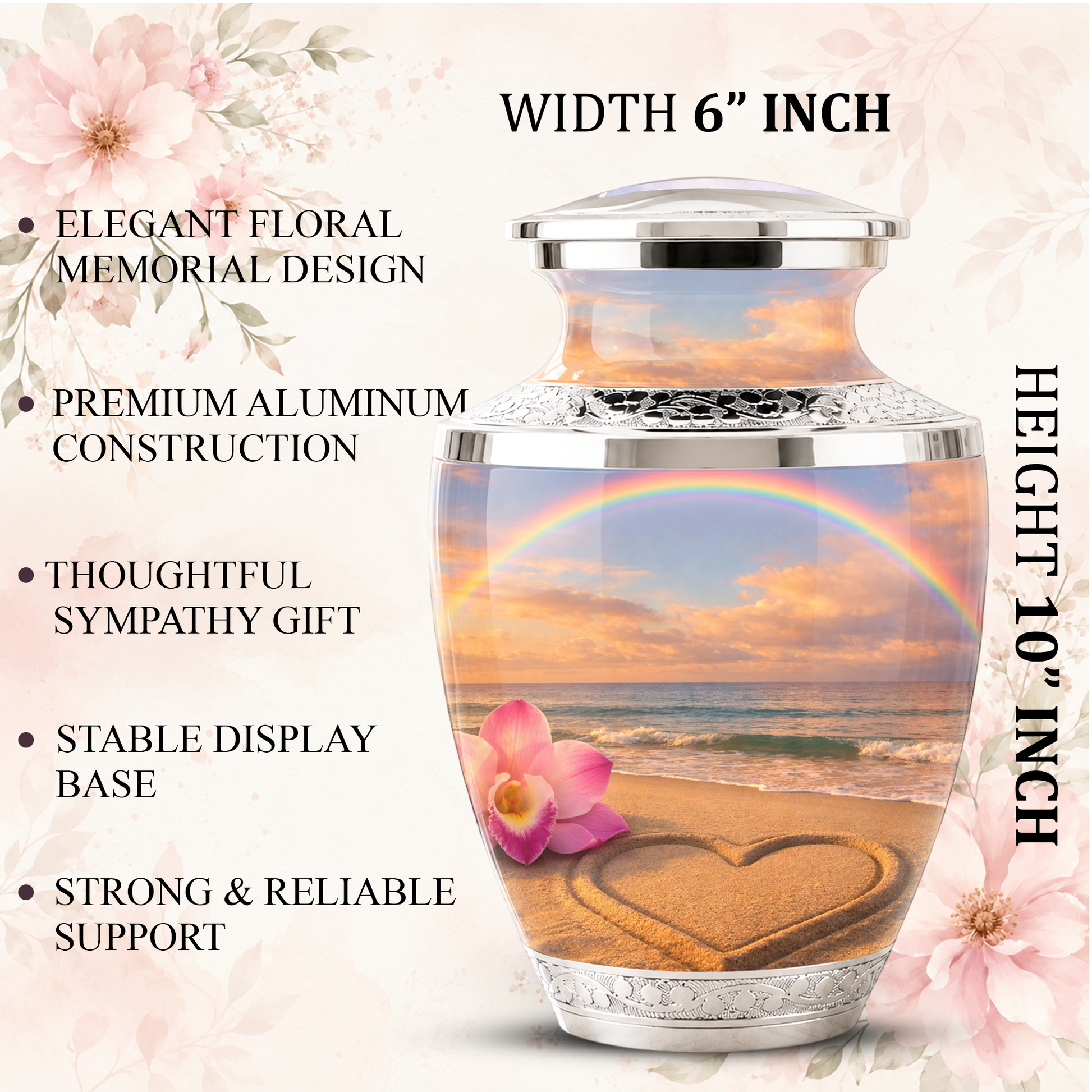 Rose Beach Heart Cremation Urn for Human Ashes, Personalized Rainbow Urns