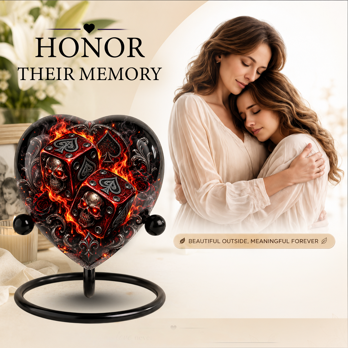Skull Dice Adult Cremation Urn for Ashes, Personalized Gothic Adult Urn, Gambling Memorial Urn, Skull Heart Cremation Urn, Red Black Urn