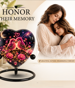 Heart Shaped Love Birds Urn for Ashes, Romantic Pink Birds Cremation Urn