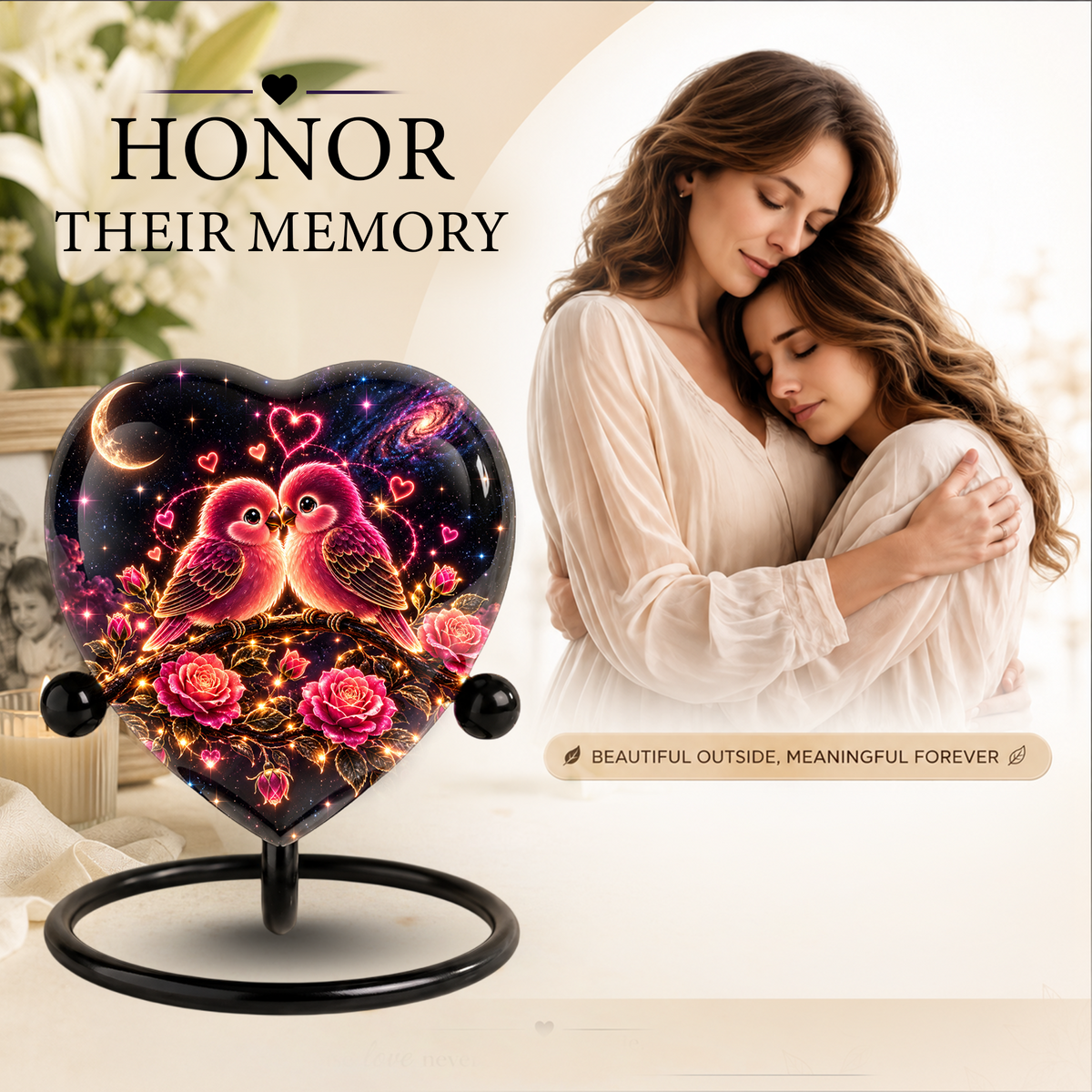 Heart Shaped Love Birds Urn for Ashes, Romantic Pink Birds Cremation Urn