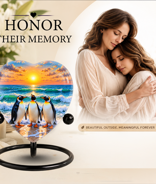 Penguin Beach Cremation Urn for Ashes, Penguin Memorial Urn, Ocean Sunset Urn, Heart Shaped Cremation Urn