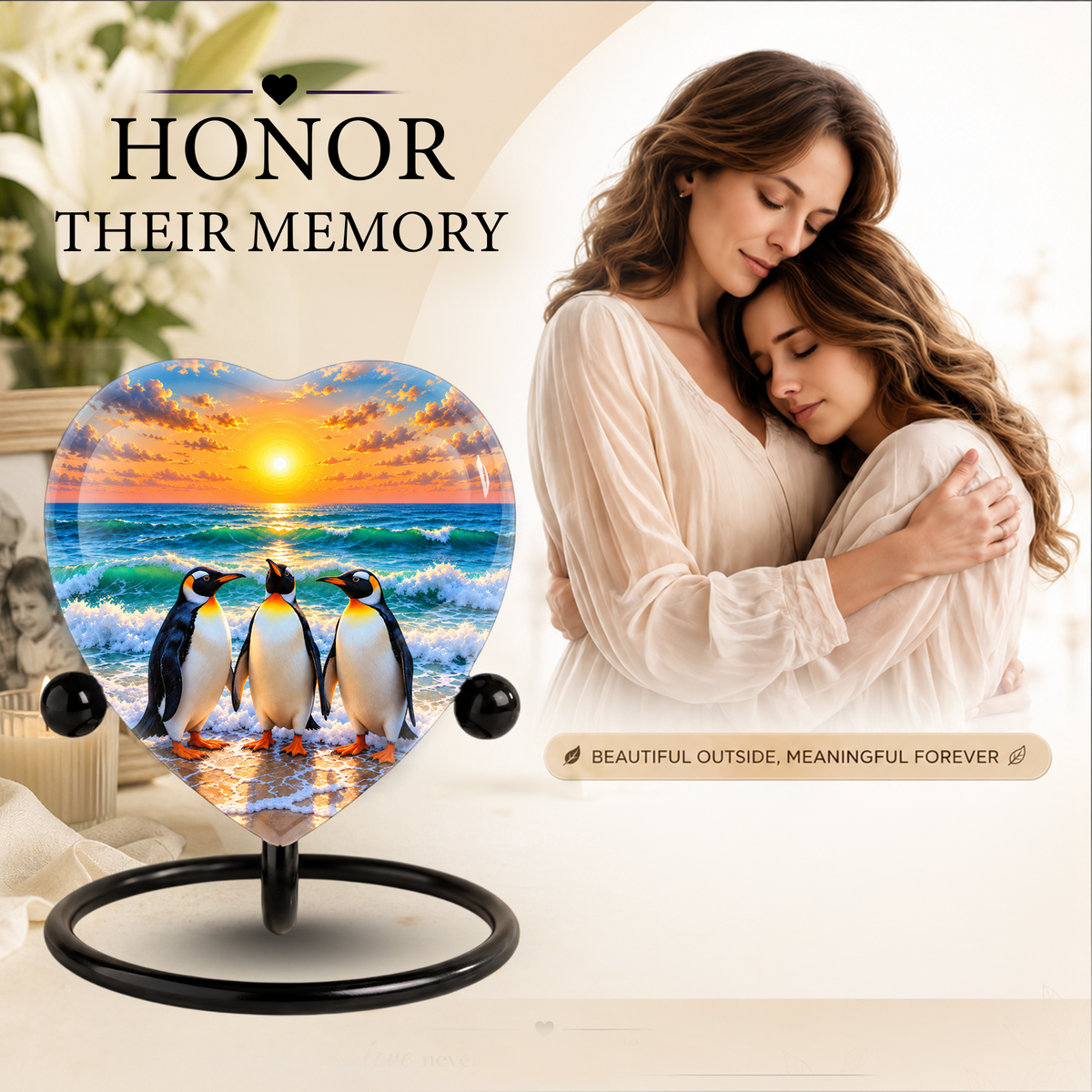 Penguin Beach Cremation Urn for Ashes, Penguin Memorial Urn, Ocean Sunset Urn, Heart Shaped Cremation Urn