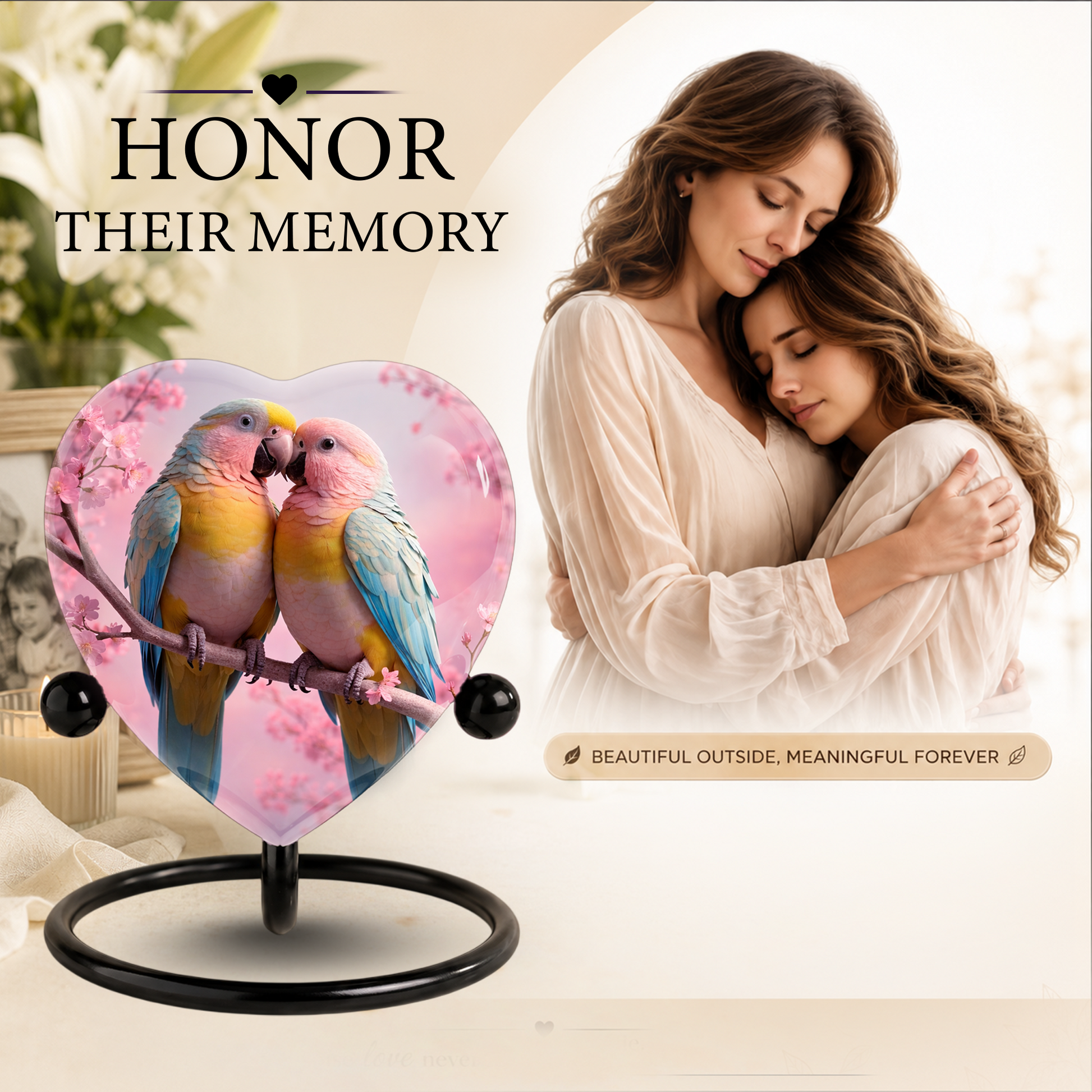 Beautiful Urn for Mother’s Ashes – Heart-Shaped Parrot Cremation Memorial Keepsake for Mom and Loved Ones