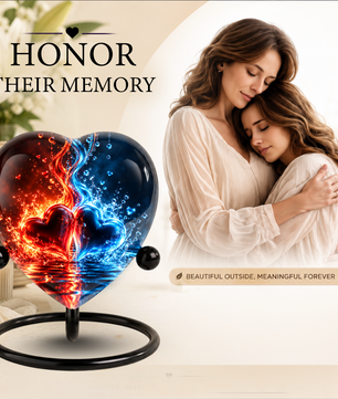 Heart Shaped Red and Blue Hearts Urn for Ashes, Flame Cremation Urn, Romantic Love Memorial Urn for Human Ashes