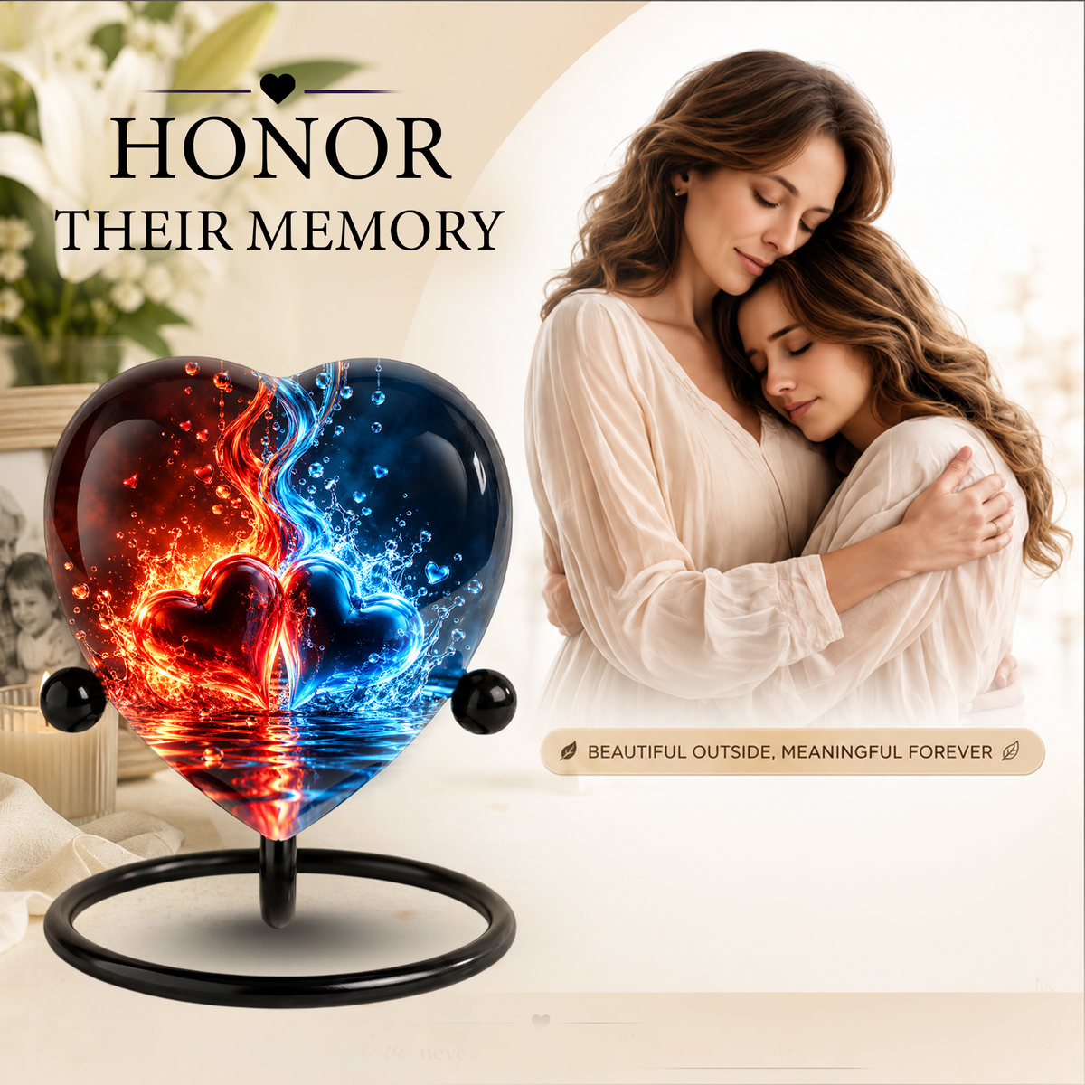 Heart Shaped Red and Blue Hearts Urn for Ashes, Flame Cremation Urn, Romantic Love Memorial Urn for Human Ashes