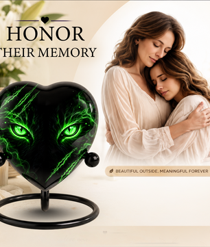 Green Cat Adult Cremation Urn for Ashes, Black Cat Memorial Urn, Gothic Cat Personalized Adult Urn, Heart Shaped Cremation Urn