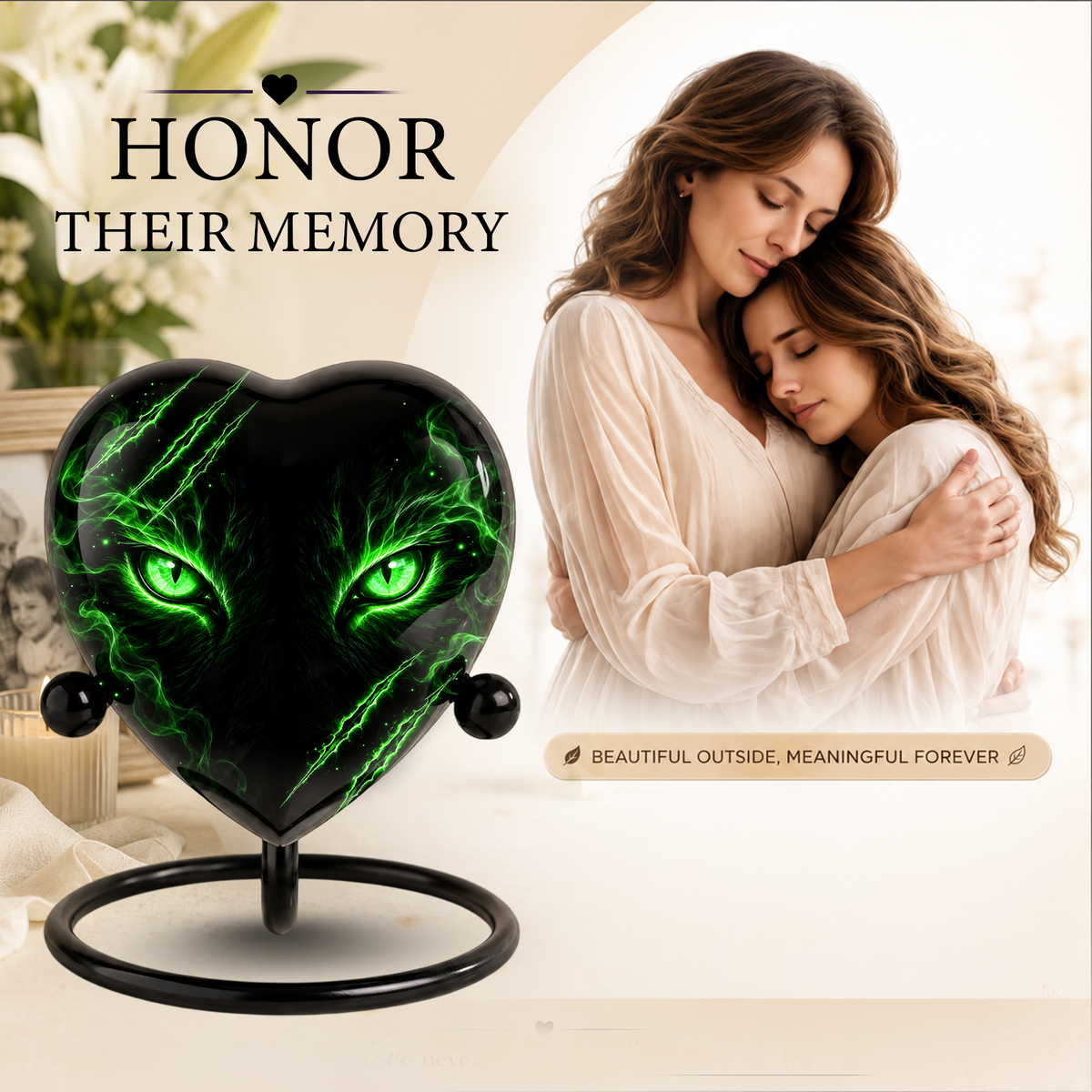 Green Cat Adult Cremation Urn for Ashes, Black Cat Memorial Urn, Gothic Cat Personalized Adult Urn, Heart Shaped Cremation Urn