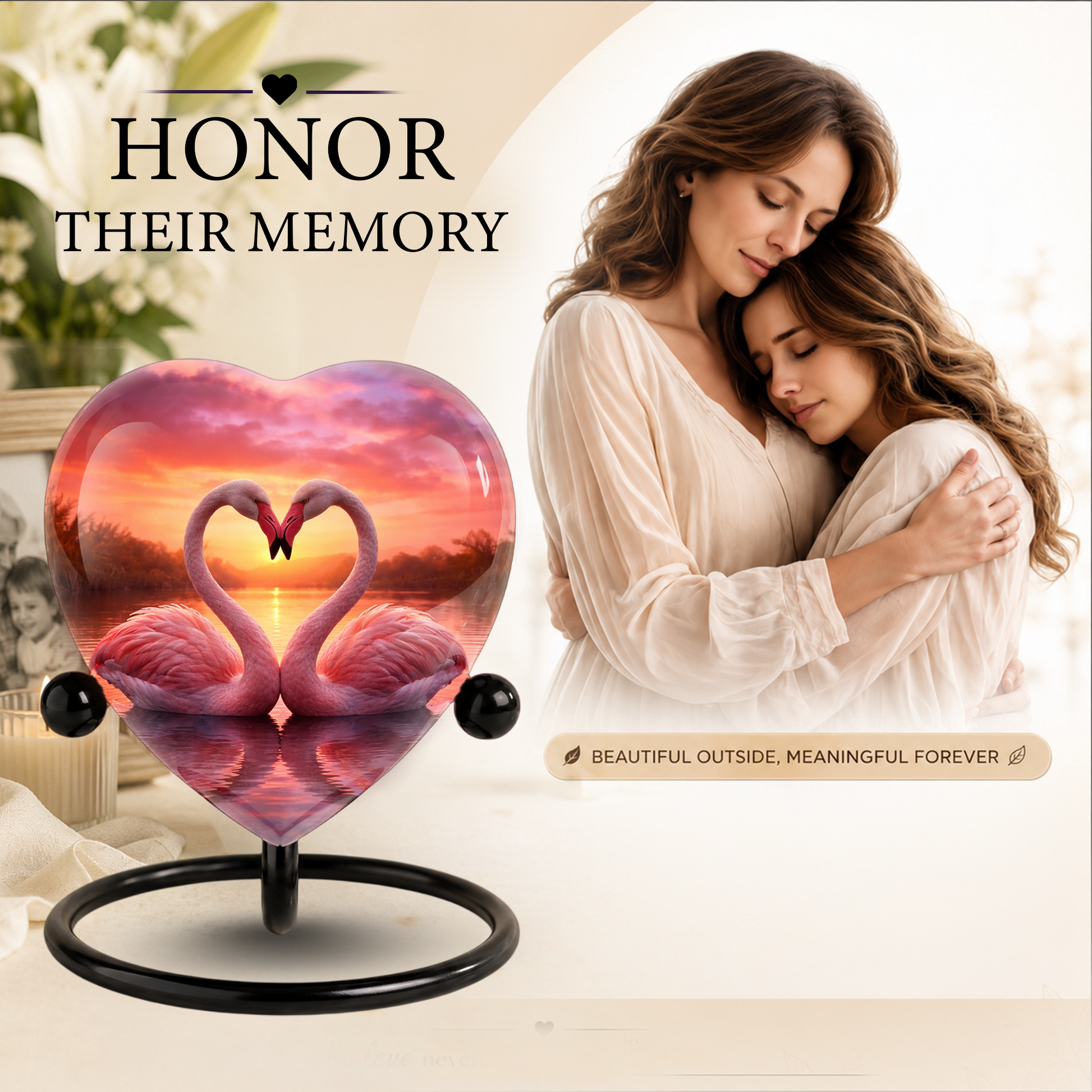 Lovely Swan Sunset Urn – Adult Urn for Ashes, Heart-Shaped Adult Cremation Urn Memorial