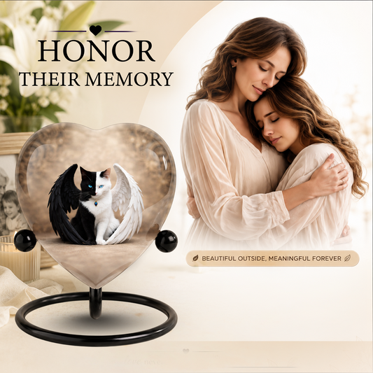 Adult Urn for Ashes – Heart Shaped Adult Cremation Urn with Angel Cat Wings